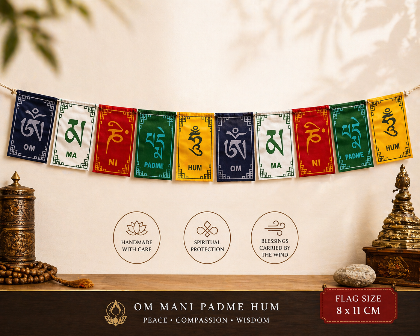 Cờ Cầu Nguyện Tây Tạng 8x11cm – Tibetan Prayer Flags – Trang Trí Phật Giáo – Om Mani Padme Hum – Decor Thiền, Yoga, Bàn Thờ