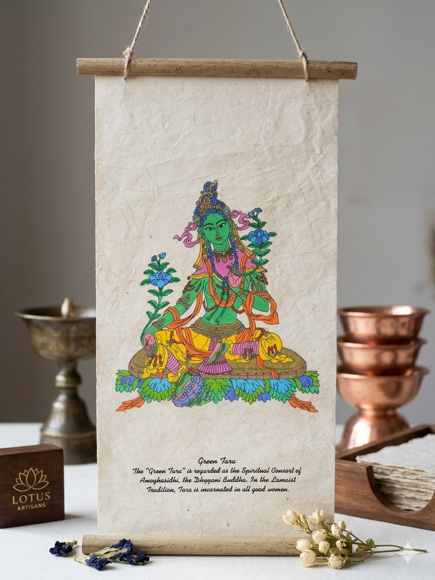 Tranh Thangka Vẽ Tay Trên Giấy Dó - Bản tôn Tara Xanh