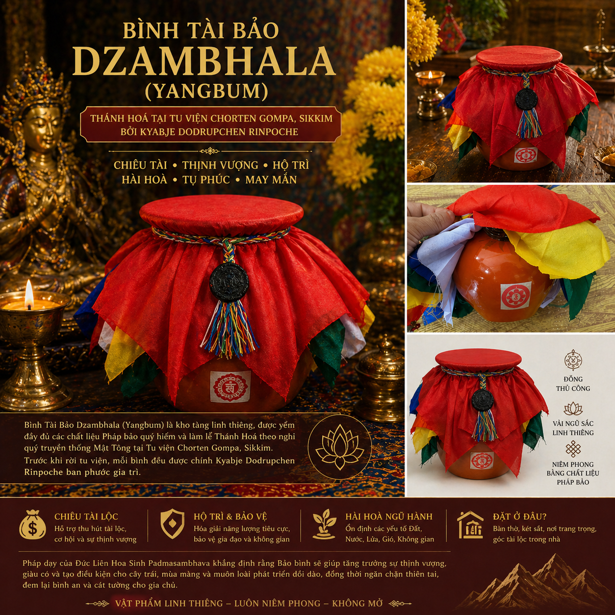 Dzambhala 财富宝瓶(Yangbum),源自锡金 Chorten 寺,由多竹千仁波切亲自加持,助力招财纳福、能量平衡与空间守护。 3 ban viet dodruochen