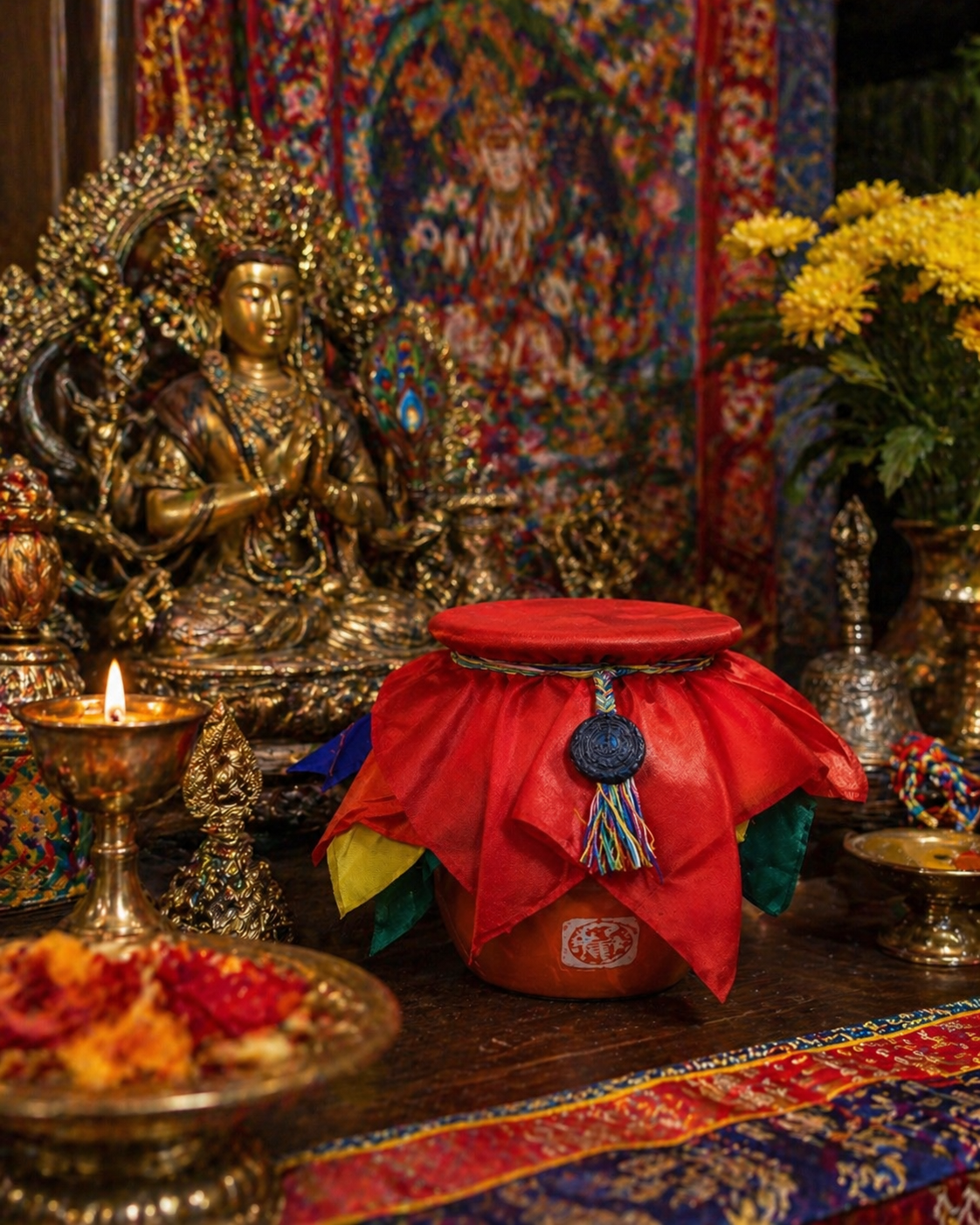 Dzambhala 财富宝瓶(Yangbum),源自锡金 Chorten 寺,由多竹千仁波切亲自加持,助力招财纳福、能量平衡与空间守护。 4 bao binh dodrupchen