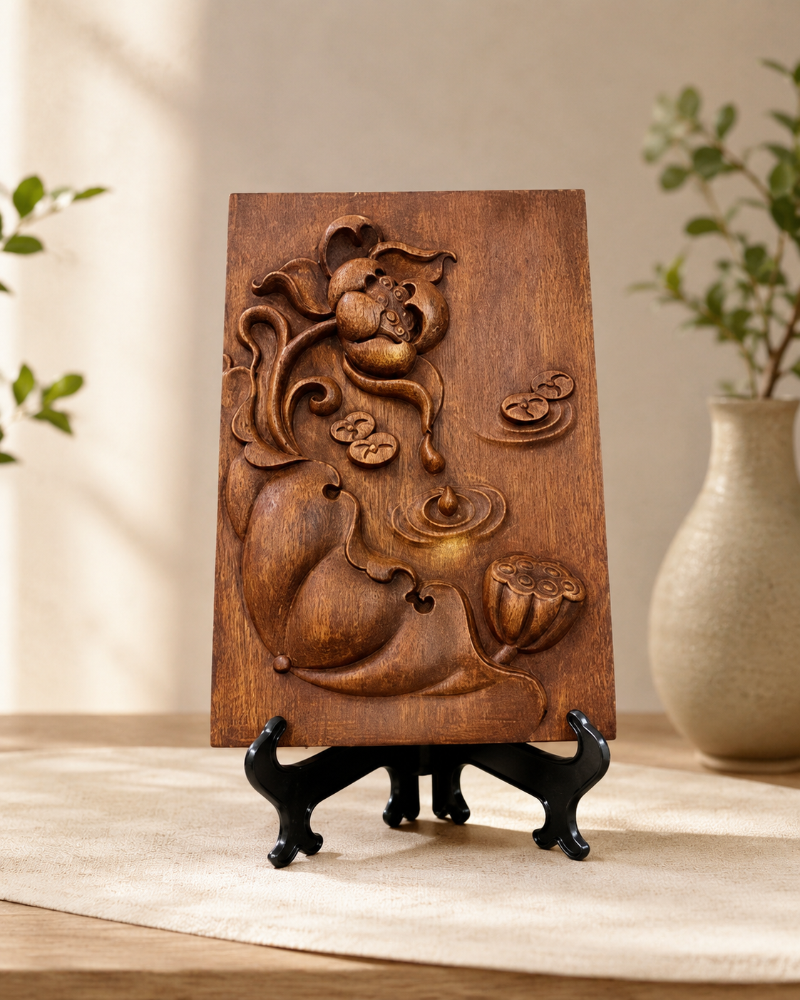 Hand Carved Lotus Wood Wall Art, Vietnamese Wooden Lotus Relief, Zen Home Decor, Buddhist Inspired Wooden Plaque, Meditation Room Decor 3 anh sen 1