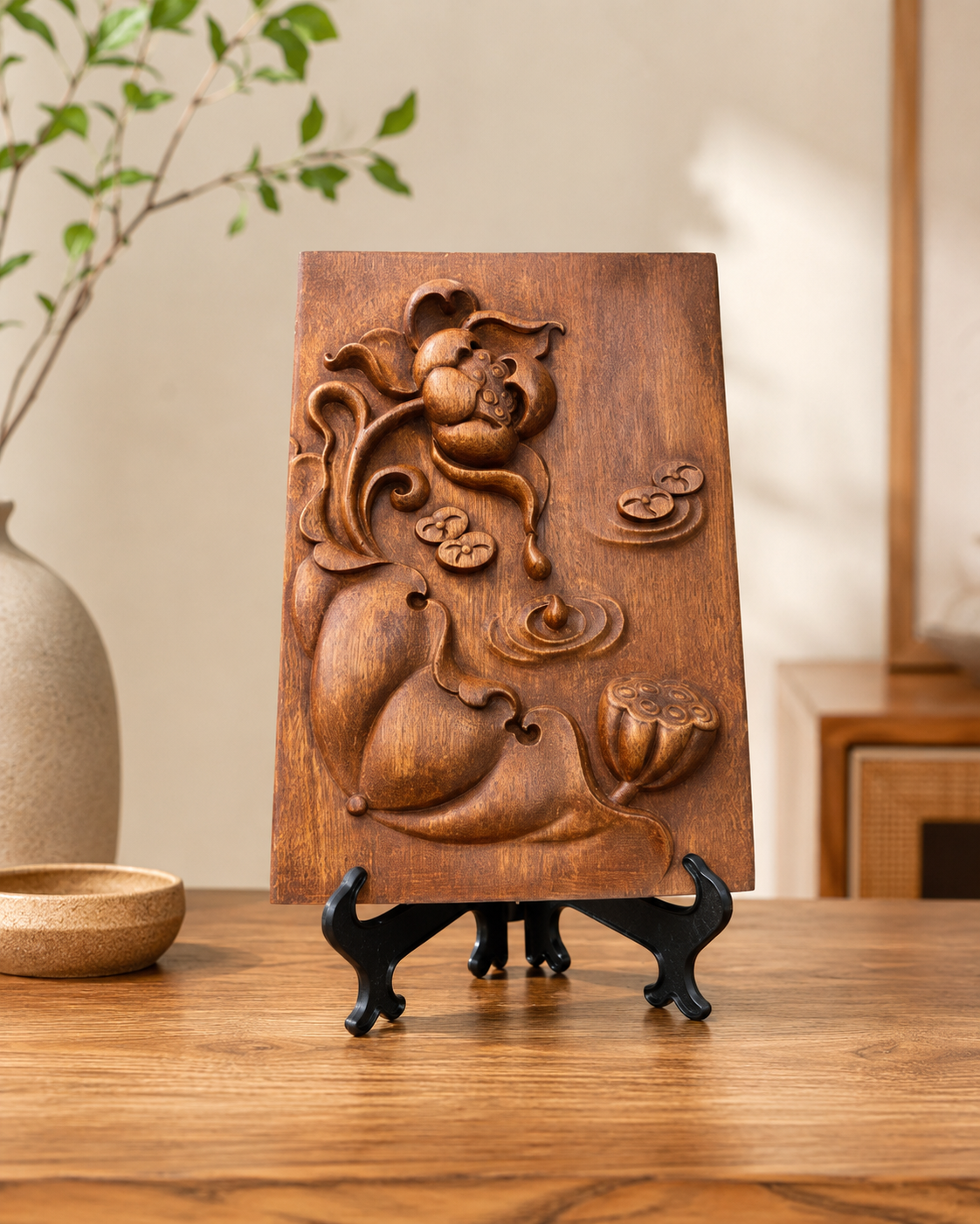 Hand Carved Lotus Wood Wall Art, Vietnamese Wooden Lotus Relief, Zen Home Decor, Buddhist Inspired Wooden Plaque, Meditation Room Decor