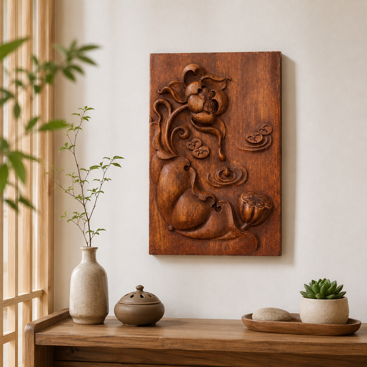 Hand Carved Lotus Wood Wall Art, Vietnamese Wooden Lotus Relief, Zen Home Decor, Buddhist Inspired Wooden Plaque, Meditation Room Decor 6 anh sen 4